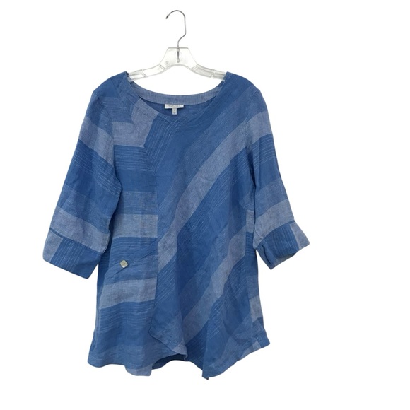 Habitat Tops - Habitat Denim Blue Striped Top Tunic Womens L Lagenlook Artsy Linen Blend